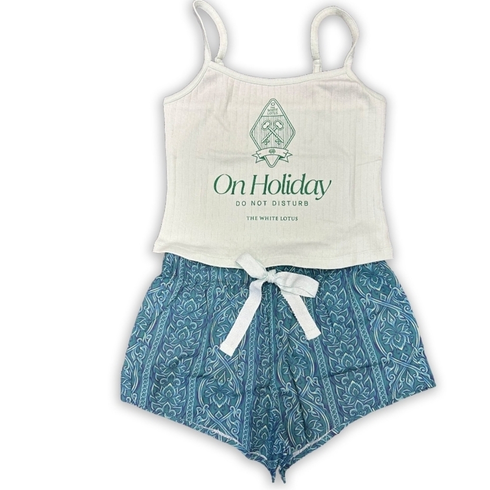 The White Lotus "On Holiday" White Tank & Teal Print Shorts Sleep Set